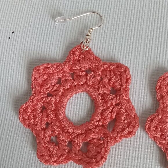 Handmade Pink Lightweight Flower Shaped Embroidery Floss Crochet Dangle Earrings - Picture 5 of 8